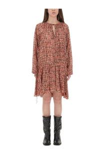 Isabel Marant Étoile women’s flowing terracotta long-sleeved dress with intricate floral pattern and tiered hemline