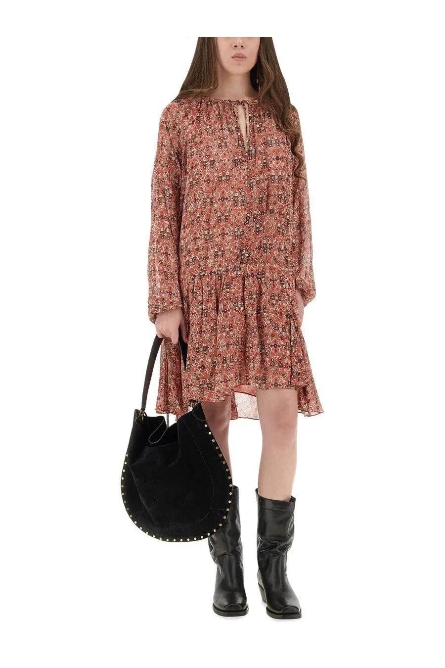 Isabel Marant Étoile women’s soft flowing pink floral print dress with long sleeves and tiered hemline