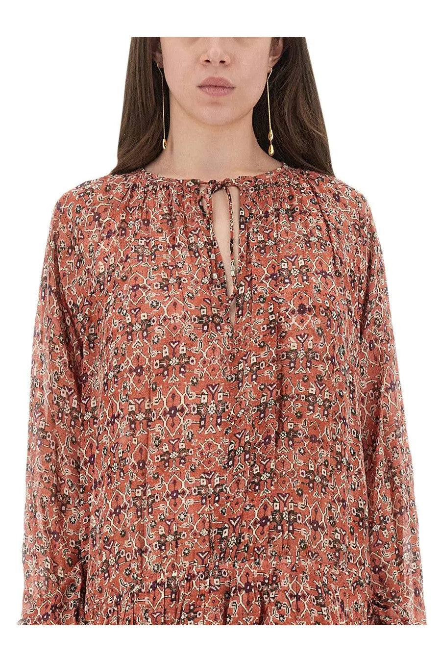 Isabel Marant Étoile women’s rust-colored long sleeved blouse with geometric and floral pattern and gathered neckline tie details