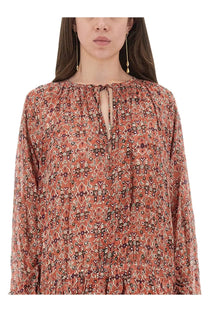Isabel Marant Étoile women’s rust-colored long sleeved blouse with geometric and floral pattern and gathered neckline tie details