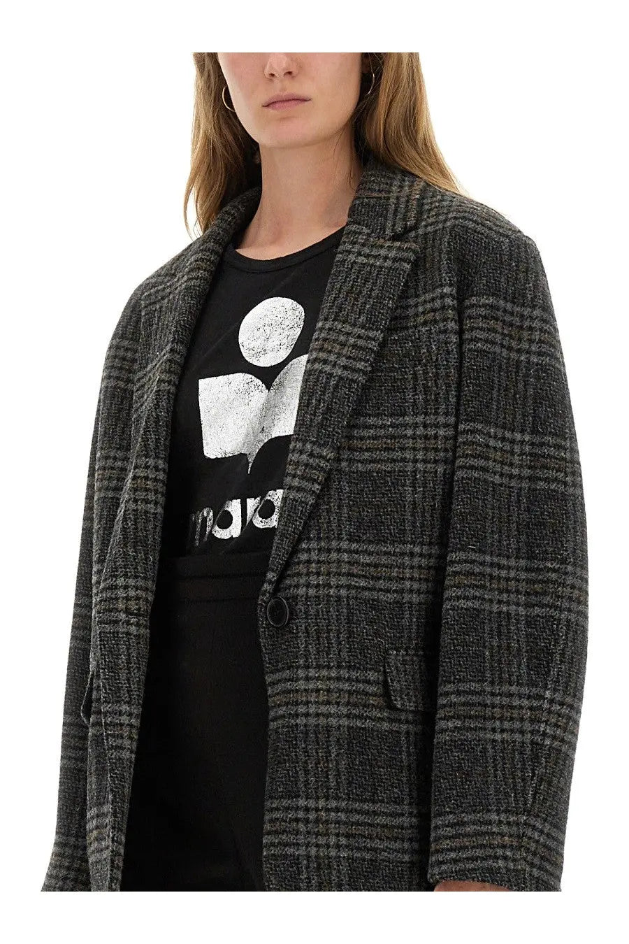 Isabel Marant Étoile women’s Gesina jacket grey is a dark gray and black plaid wool blazer with a textured weave
