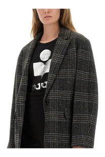 Isabel Marant Étoile women’s Gesina jacket grey is a dark gray and black plaid wool blazer with a textured weave
