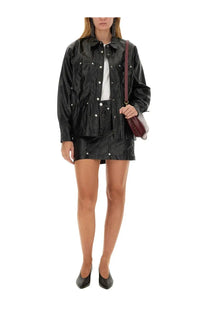 Isabel Marant Étoile women’s black leather jacket with silver buttons paired with a matching skirt shown from the front