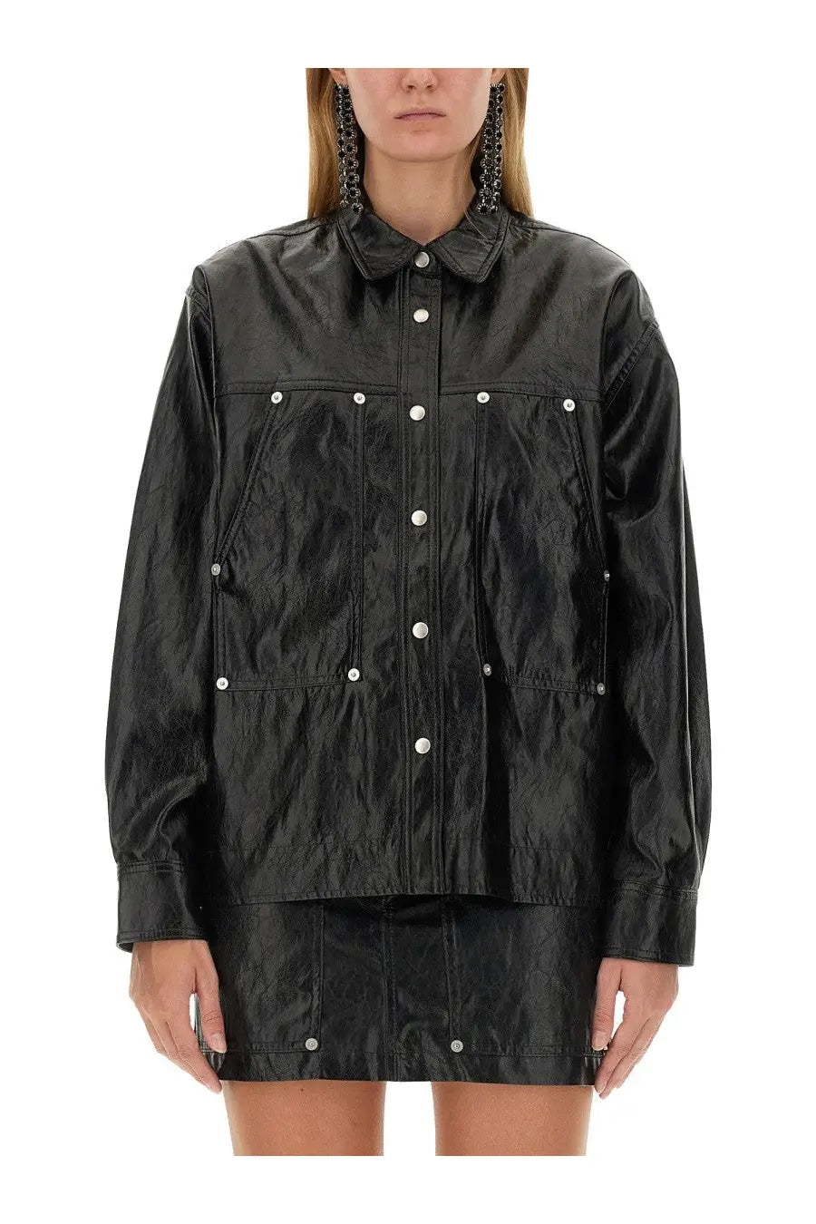 Isabel Marant Étoile women’s black faux leather jacket with textured finish silver buttons and front pockets