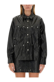 Isabel Marant Étoile women’s black faux leather jacket with textured finish silver buttons and front pockets