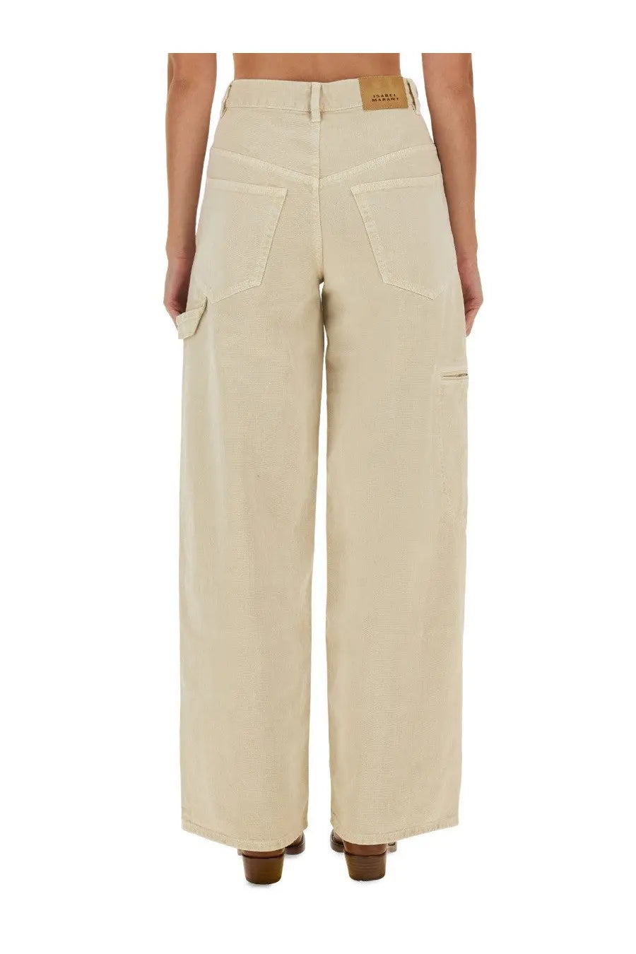 Beige wide-leg cargo pants with relaxed fit and two large back pockets shown from the back from isabel marant étoile
