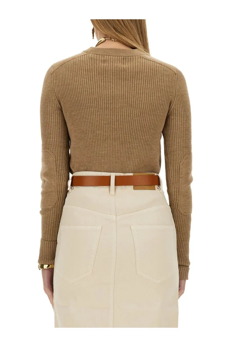 Tan ribbed knit sweater with elbow patches made of jersey fabric from isabel marant étoile in beige