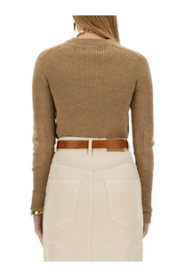 Tan ribbed knit sweater with elbow patches made of jersey fabric from isabel marant étoile in beige
