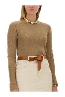 Tan ribbed knit sweater with gold-tone shoulder panels and high neckline from Isabel Marant Étoile jersey collection