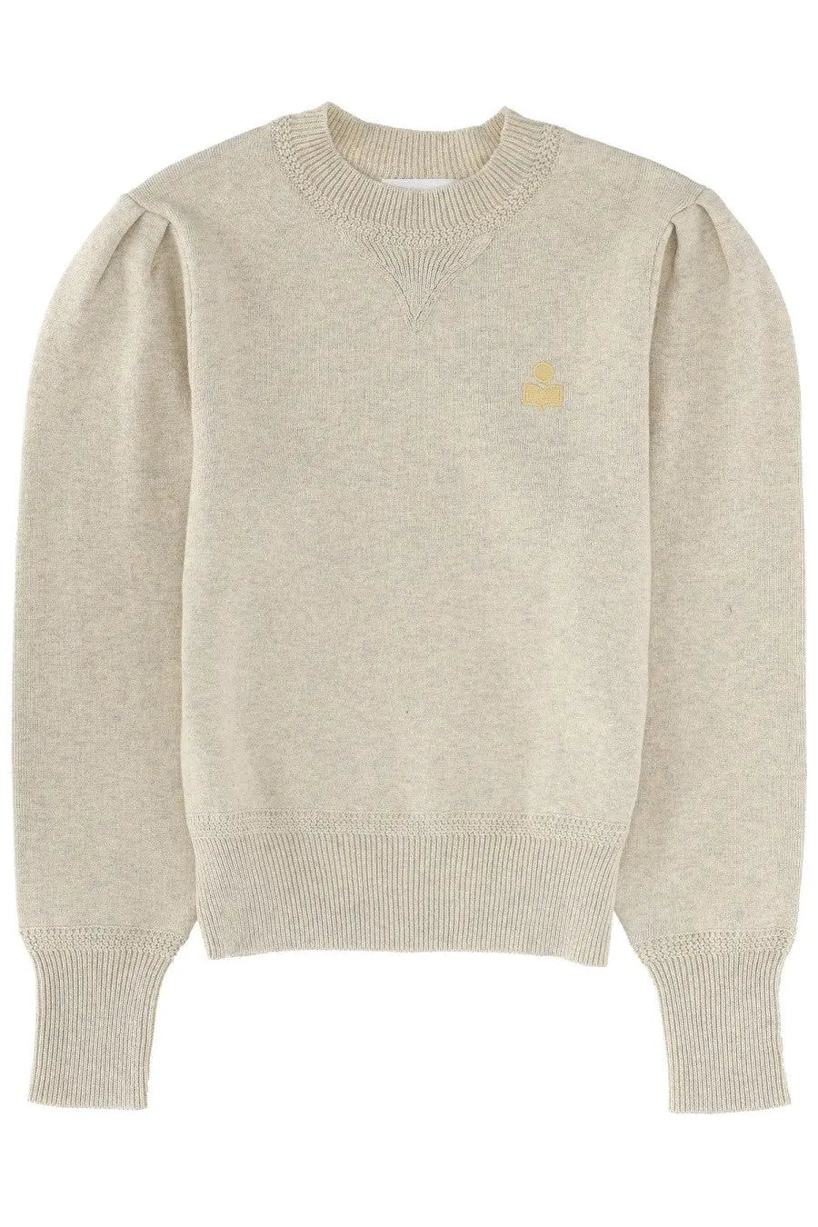 Isabel Marant Étoile women’s beige knit sweater with puff sleeves ribbed cuffs and gold logo on chest