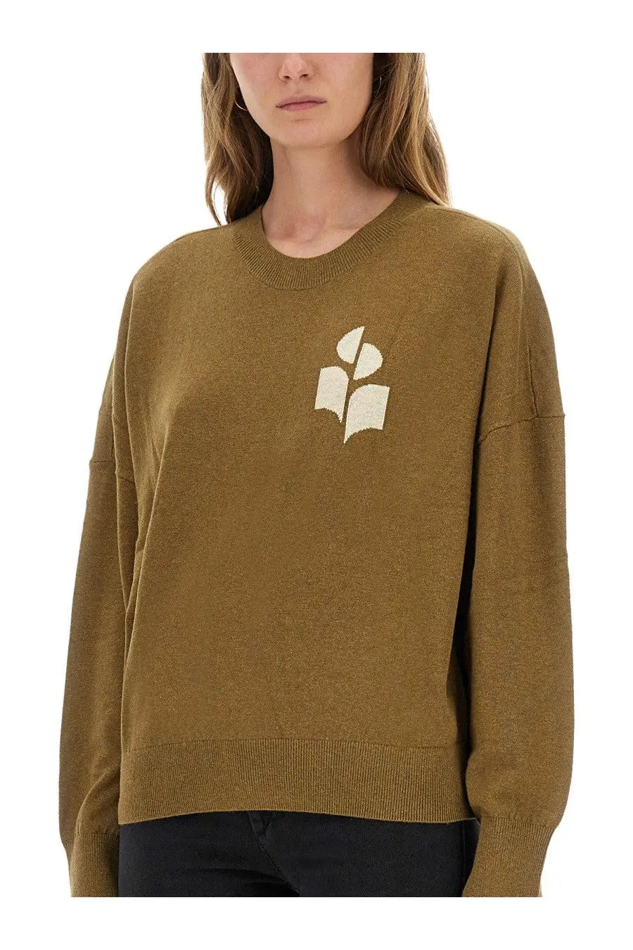 Olive green knit sweater with cream book motif embroidery on chest from Isabel Marant Étoile womens jersey Marisans beige