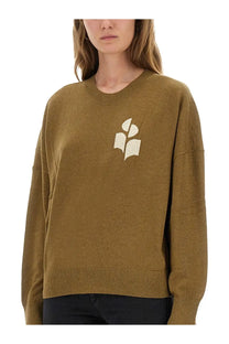 Olive green knit sweater with cream book motif embroidery on chest from Isabel Marant Étoile womens jersey Marisans beige