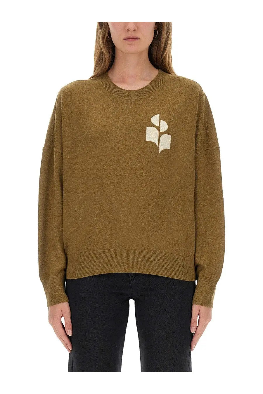 Olive green knit sweater with cream abstract logo on chest isabel marant étoile women’s jersey marisans beige