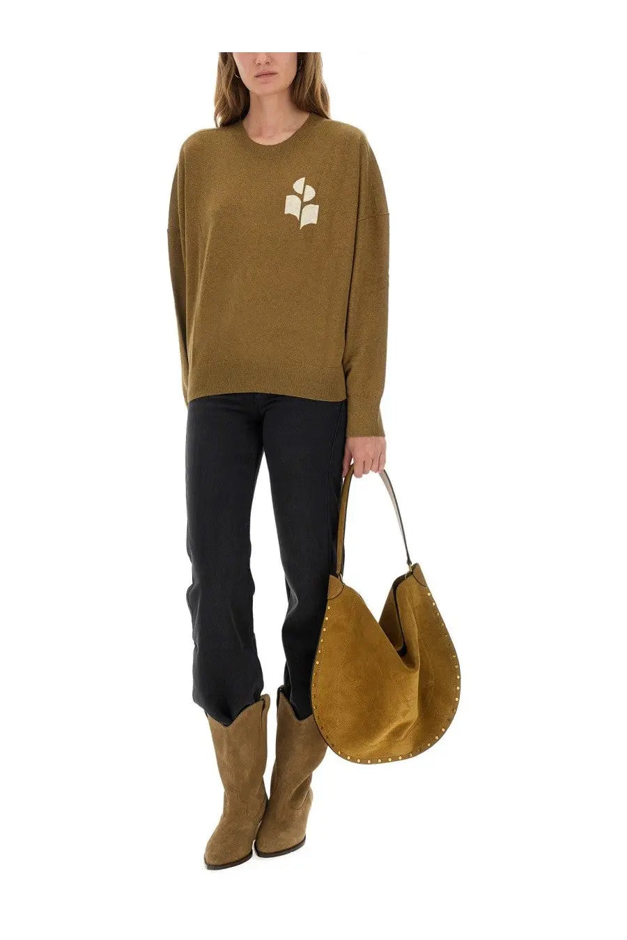 Olive suede hobo bag with silver studs and curved handle paired with Isabel Marant Étoile beige jersey top