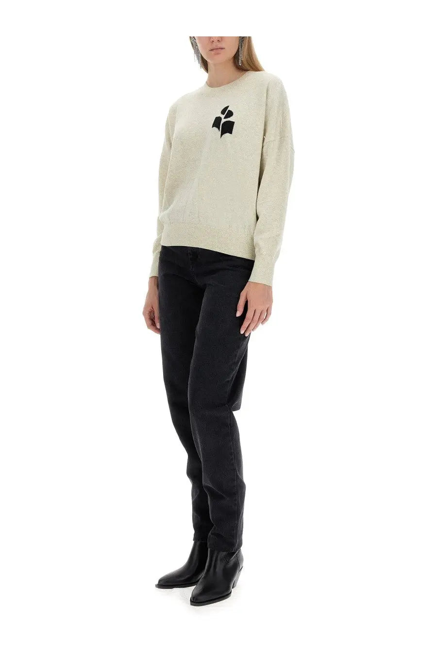Cream-colored knit sweater with black embroidered leaf logo on the chest from Isabel Marant Étoile jersey collection