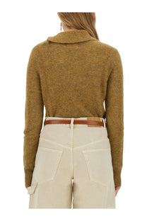 Isabel Marant Étoile women’s cozy mustard yellow knit sweater with ribbed collar and cuffs in textured fabric