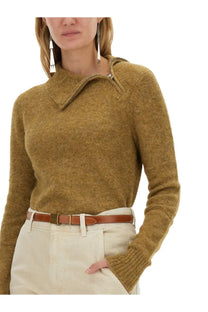 Isabel Marant étoile women’s olive green textured knit sweater with distinctive collar zipper detail in jersey material