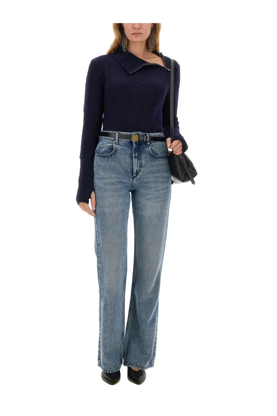 Isabel Marant Étoile women’s high-waisted flared denim jeans in medium blue wash with five pockets and belt loops