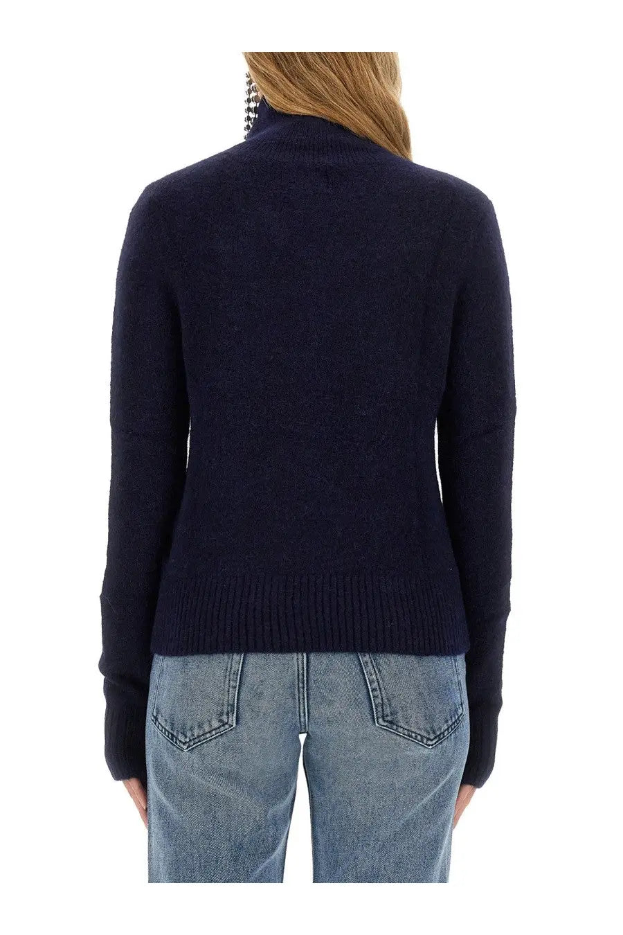 Isabel Marant Étoile women’s navy blue jersey turtleneck sweater with ribbed cuffs and hem front view