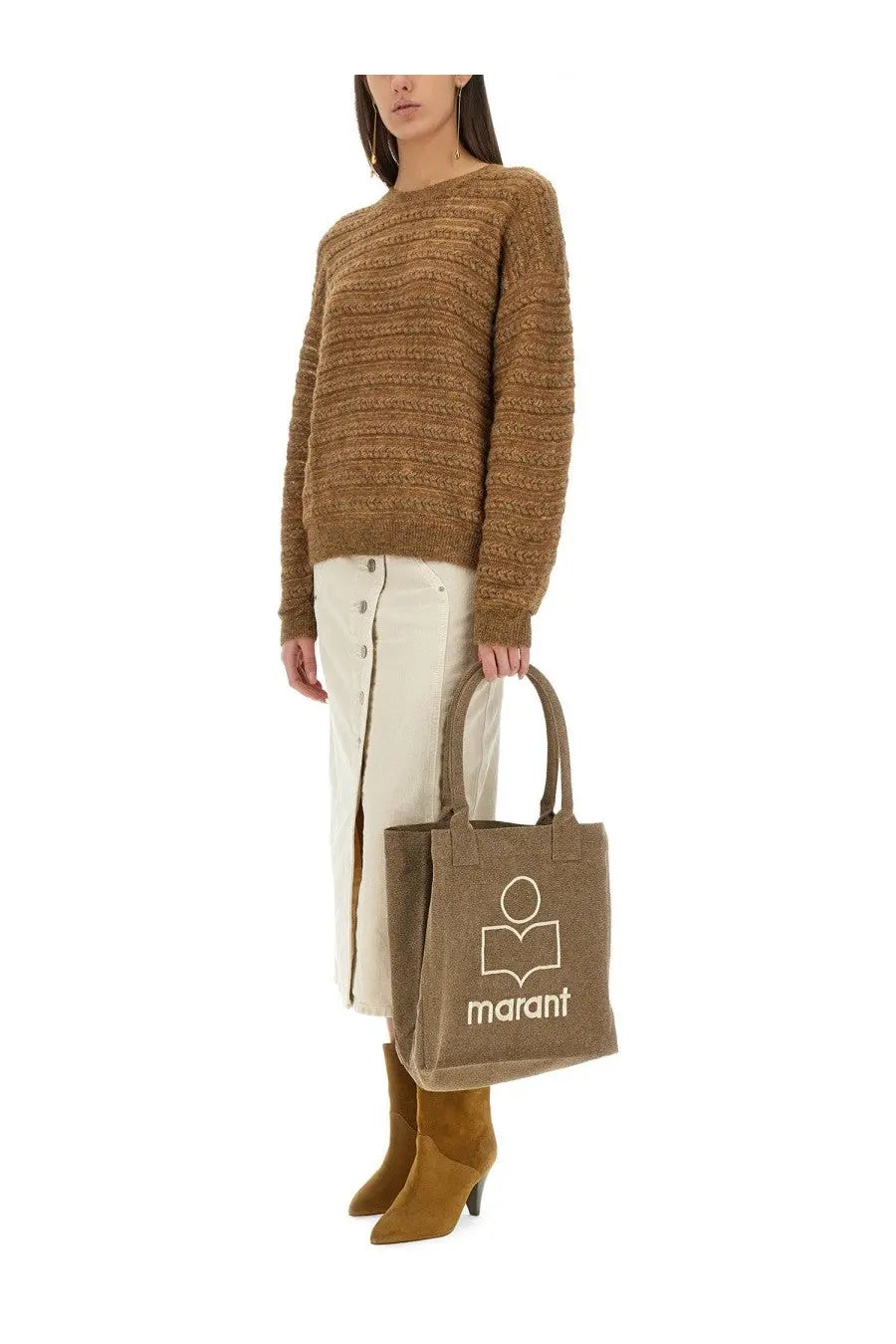 Brown textured canvas tote bag with white embroidered Isabel Marant Étoile logo and brand name in beige jersey style