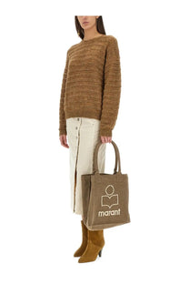 Brown textured canvas tote bag with white embroidered Isabel Marant Étoile logo and brand name in beige jersey style