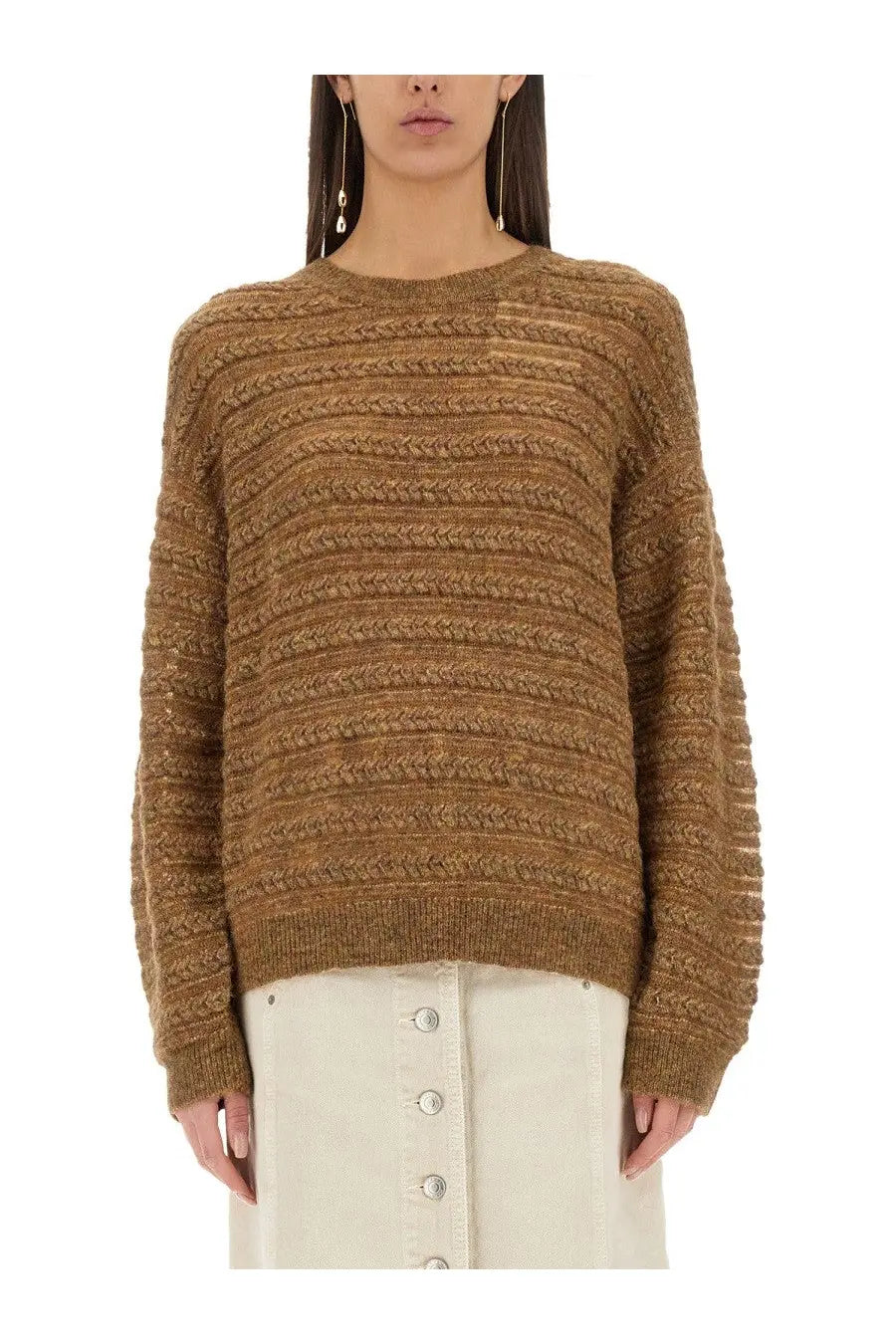 Isabel Marant étoile women’s cozy earthy-brown cable-knit sweater with textured ribbed pattern and long sleeves
