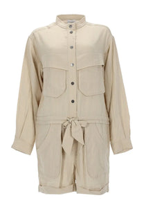 Isabel Marant Étoile women’s beige utility jumpsuit with stand-up collar button-front closure and tied waist