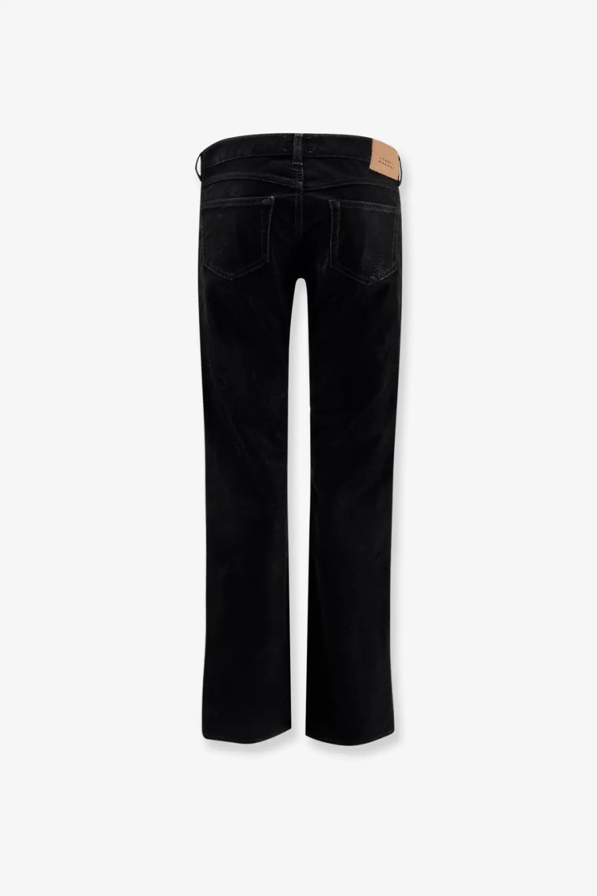 Isabel Marant étoile women’s black denim kelsie trousers with straight-leg cut and tan leather waistband patch back view