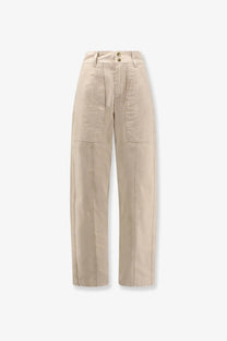 Beige high-rise cargo pants with button closure and two front patch pockets in Isabel Marant Étoile Kiana Denim Trousers white