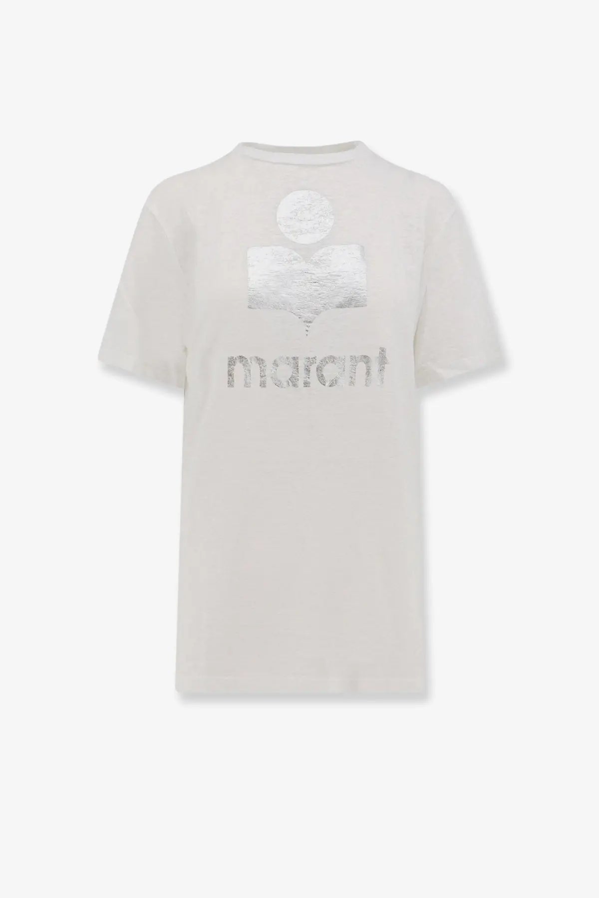 Off-white short-sleeved linen t-shirt with metallic silver logo and brand name printed on the chest by isabel marant étoile