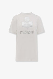 Off-white short-sleeved linen t-shirt with metallic silver logo and brand name printed on the chest by isabel marant étoile