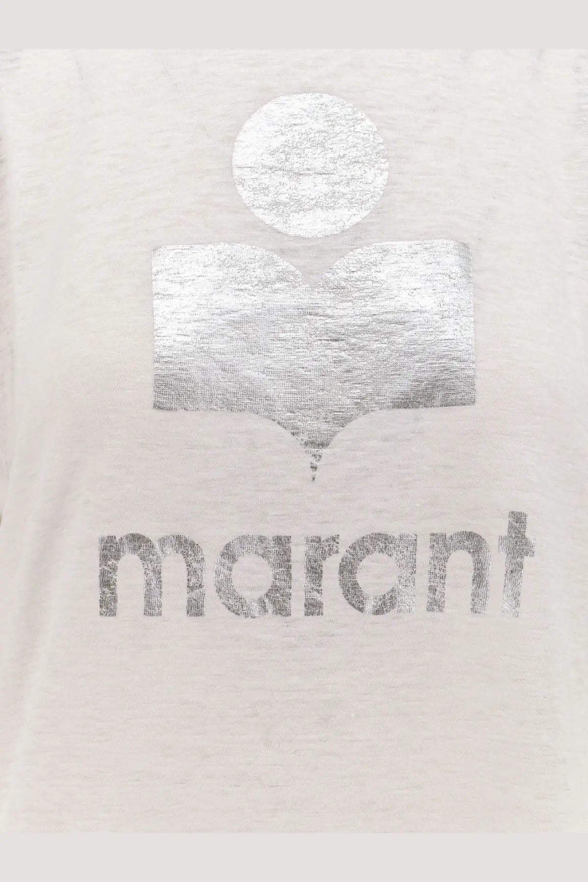 Isabel Marant Étoile women’s white marant t-shirt with silver metallic logo and linen black shirt background