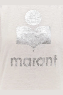 Isabel Marant Étoile women’s white marant t-shirt with silver metallic logo and linen black shirt background
