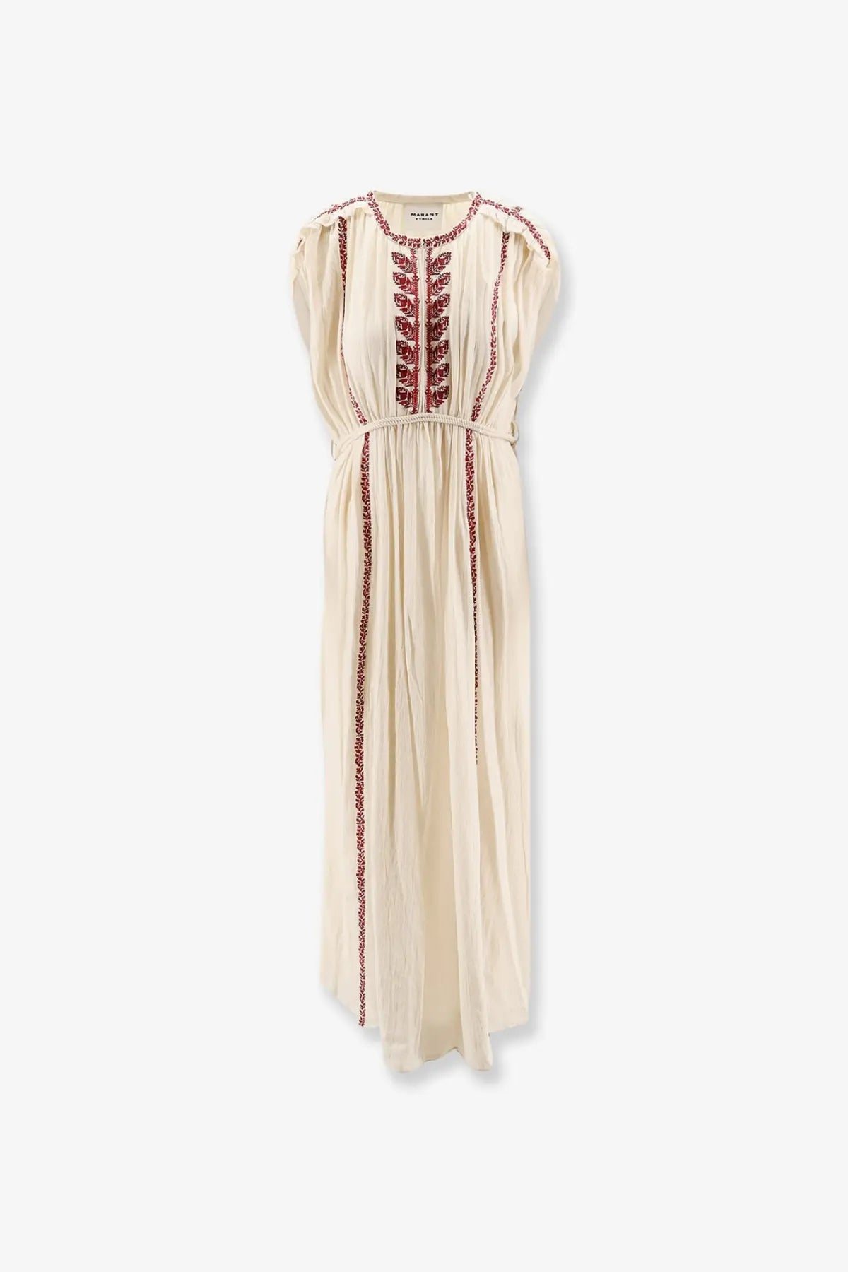 Isabel Marant Étoile women’s Liviane long cream maxi dress with red embroidery along neckline and front seams