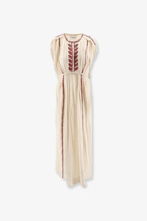 Cream-colored isabel marant étoile women’s liviane long dress with red embroidered detailing along neckline and seams