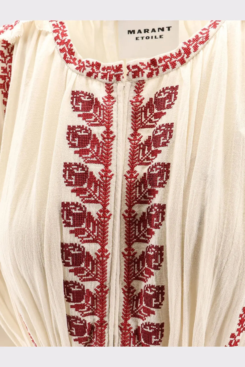 Isabel Marant Étoile liviane long dress beige featuring a cream blouse with red embroidered floral patterns and textured fabric