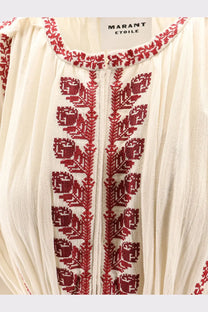 Isabel Marant Étoile liviane long dress beige featuring a cream blouse with red embroidered floral patterns and textured fabric