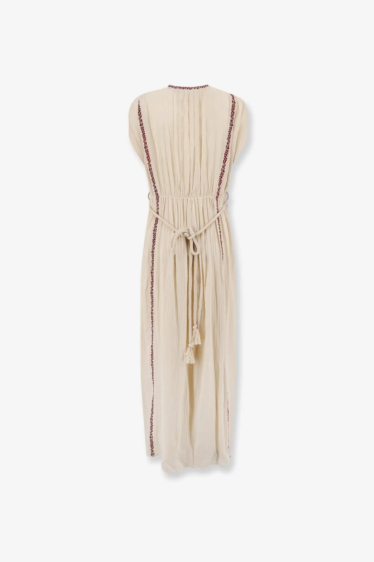 Beige pleated Isabel Marant Étoile Liviane long dress with red embroidered trim and tied waistband with tassels