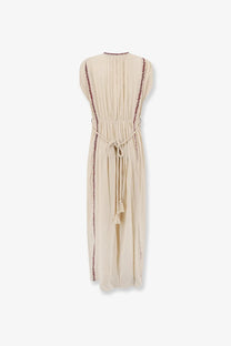 Beige pleated Isabel Marant Étoile Liviane long dress with red embroidered trim and tied waistband with tassels