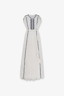 Isabel Marant Étoile women’s off-white flowing maxi dress with black embroidered neckline sleeves and front seams