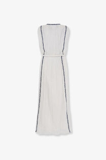 Isabel Marant Étoile women’s off-white sleeveless pleated maxi dress with black beaded trim on sides and waistband