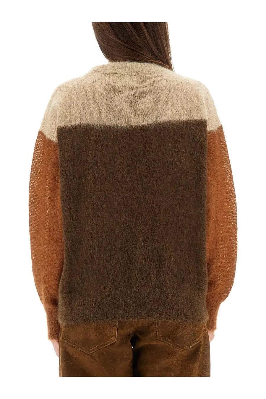 Isabel Marant Étoile women’s Madeline sweater back view with beige shoulder, brown panel, and rust-orange knit sleeves