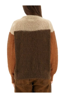 Isabel Marant Étoile women’s Madeline sweater back view with beige shoulder, brown panel, and rust-orange knit sleeves