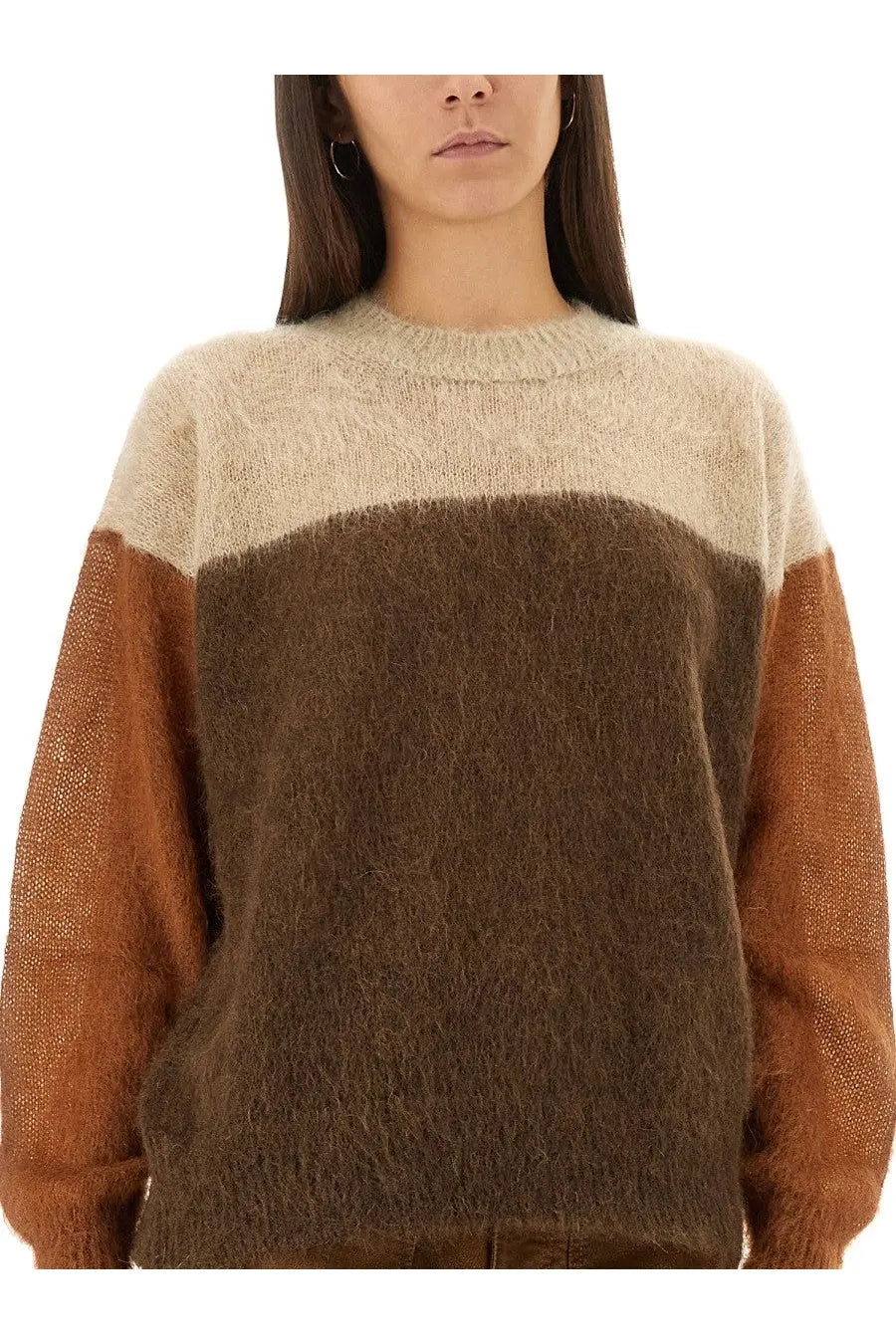 Isabel Marant Étoile women’s Madeline sweater is a cozy two-tone fuzzy knit with cream, brown, and rust long sleeves