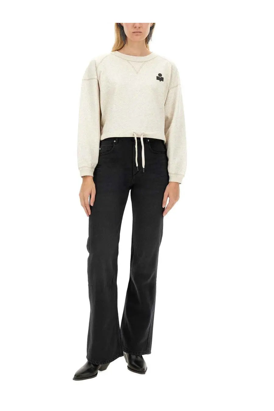 Cream-colored Isabel Marant Étoile women’s Margo sweatshirt with small black chest logo and matching drawstring waist