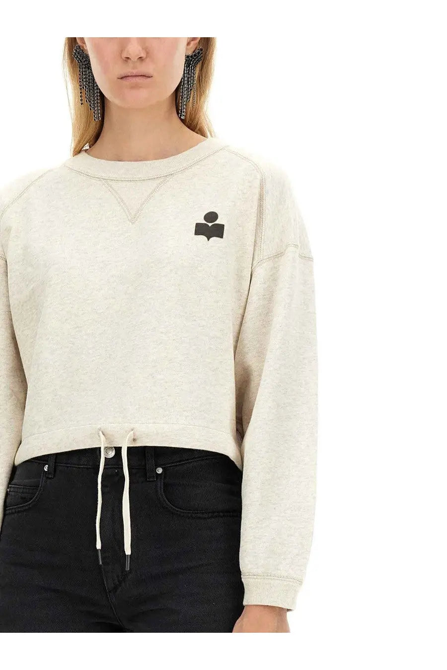 Isabel Marant Étoile women’s beige cream-colored cropped sweatshirt with black embroidered logo and white drawstring waist