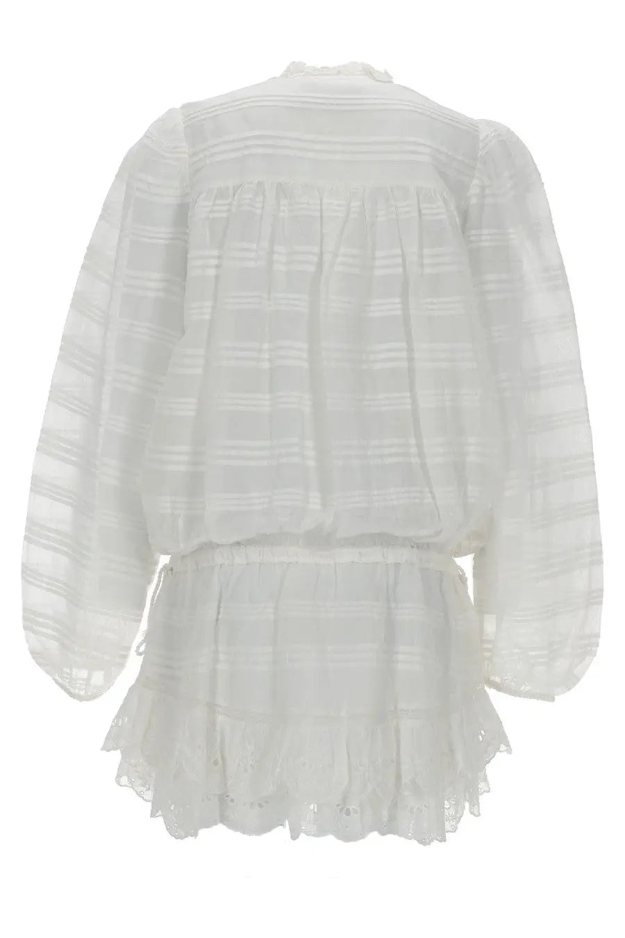 Isabel Marant Étoile women’s white mini abito Preya sheer blouse with horizontal stripes and ruffled sleeves and hem