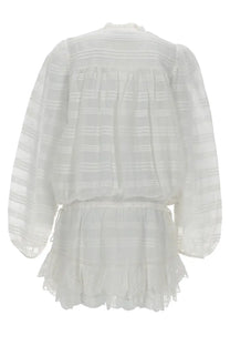 Isabel Marant Étoile women’s white mini abito Preya sheer blouse with horizontal stripes and ruffled sleeves and hem