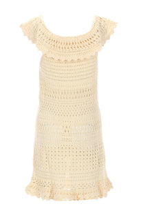 Cream-colored crochet mini dress with delicate ruffled neckline and hem by Isabel Marant Étoile in beige