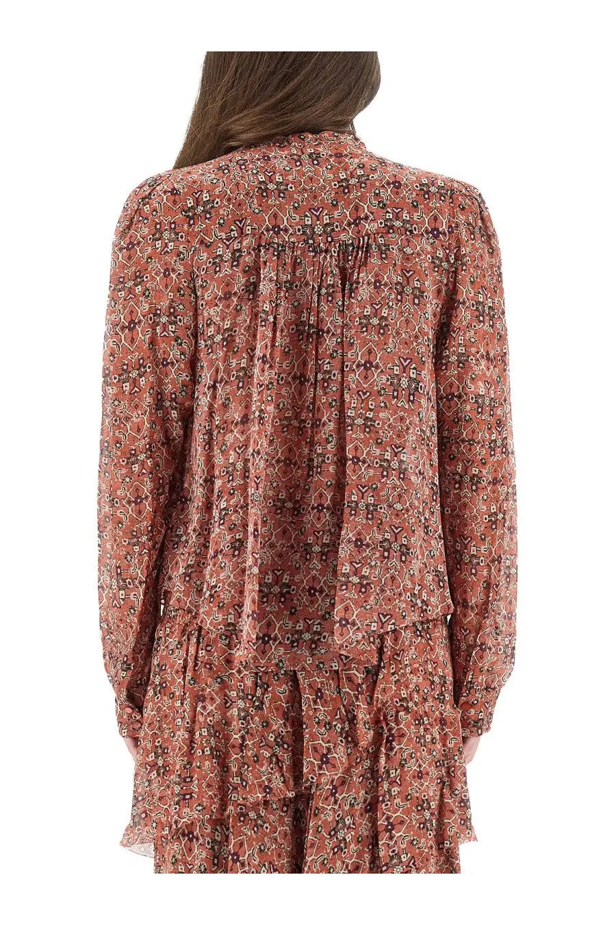 Isabel Marant Étoile women’s noeline blouse in rust-colored fabric with intricate floral pattern and long flowing sleeves